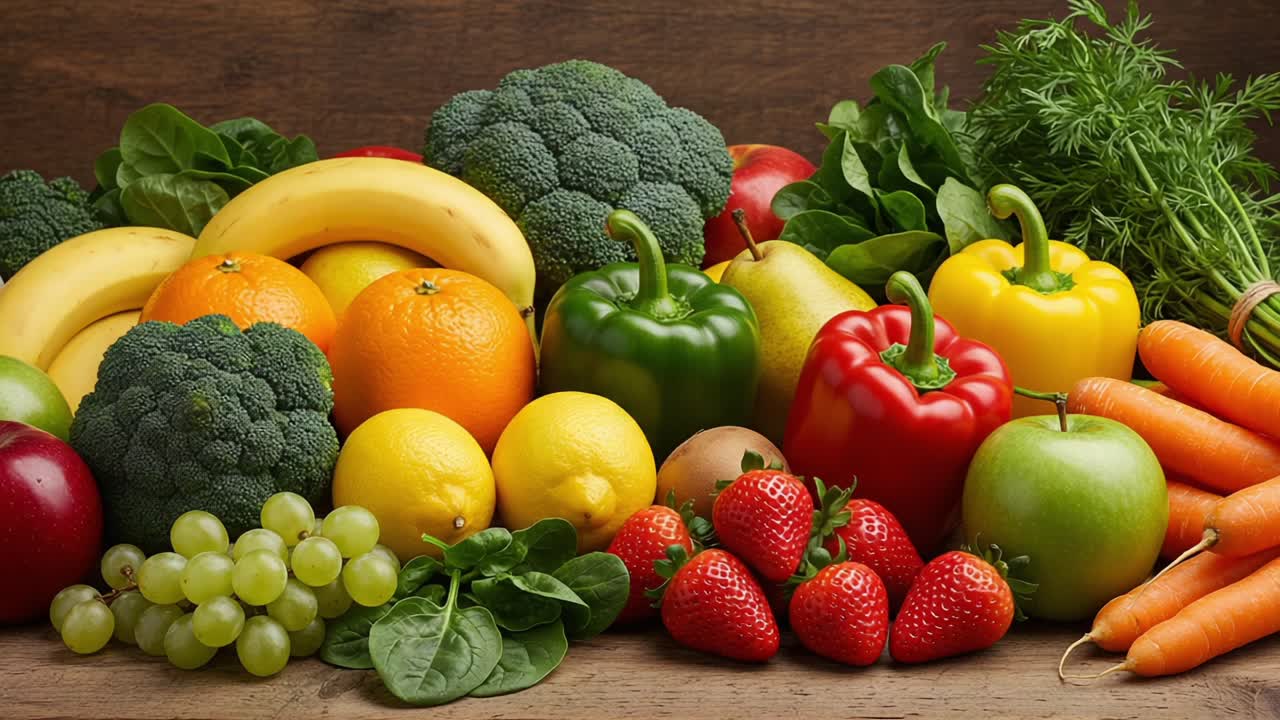 Vibrant Display of Fresh Fruits and Vegetables Showcasing a Rich Variety: From Crisp Greens to Juicy Citrus, a Nutritional Feast for the Eyes and Taste Buds