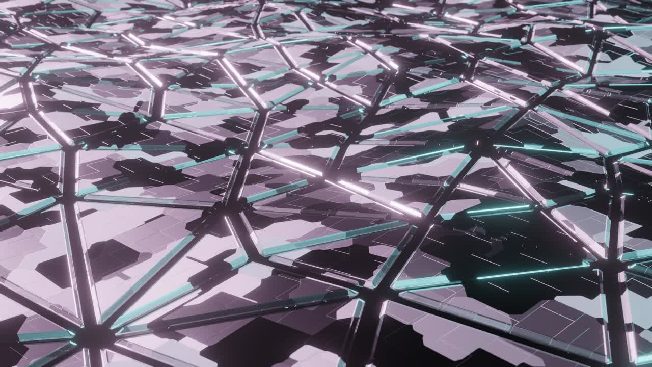 분홍색과 파란색 조명으로 패널을 가진 추상적인 기술 기하학적 구조. 없이 루핑 미래의 배경 애니메이션.