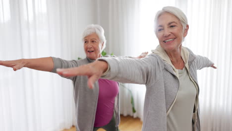 Exercise,-yoga-and-senior-woman-friends-in-a-home