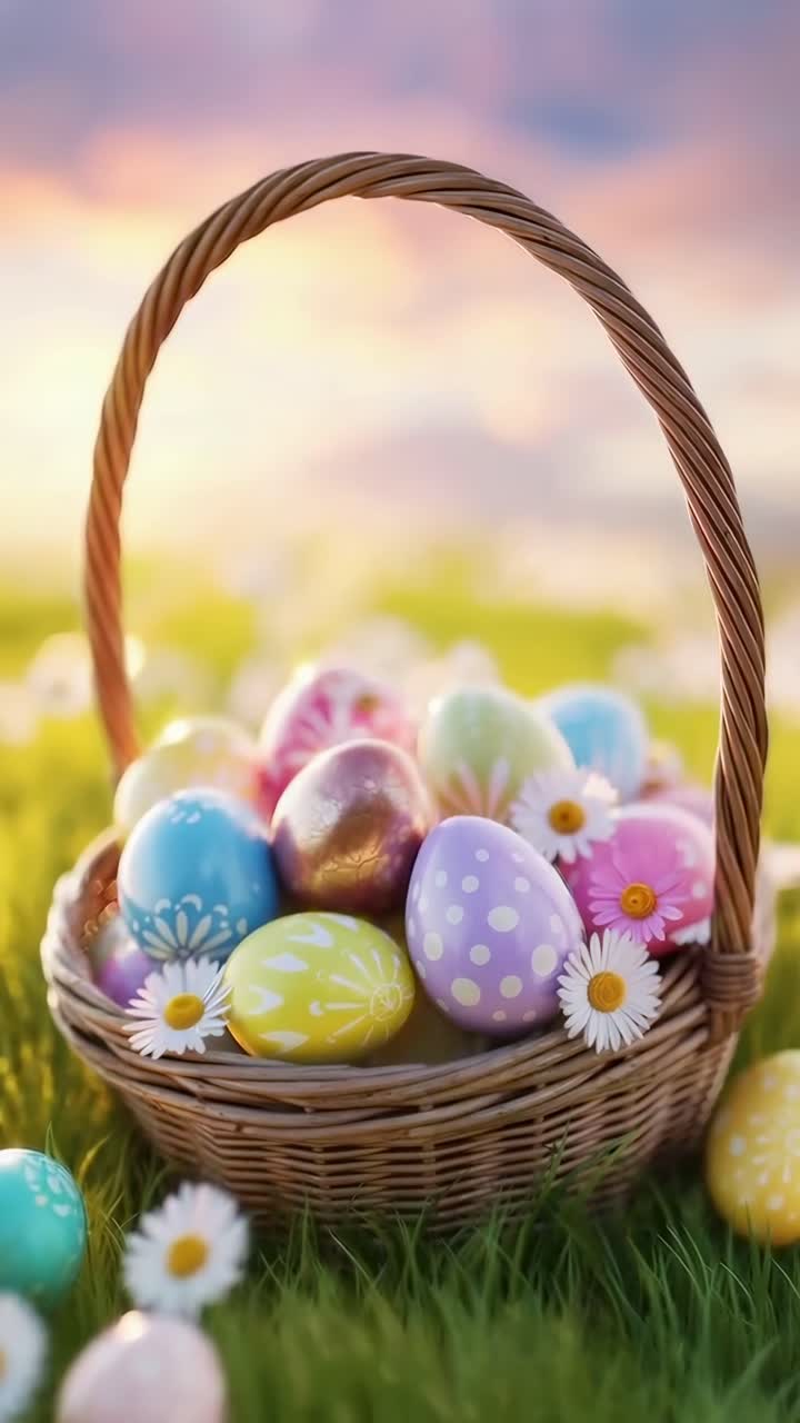 Angolazione video ravvicinata di un cesto di vimini con uova di Pasqua colorate sull'erba al tramonto