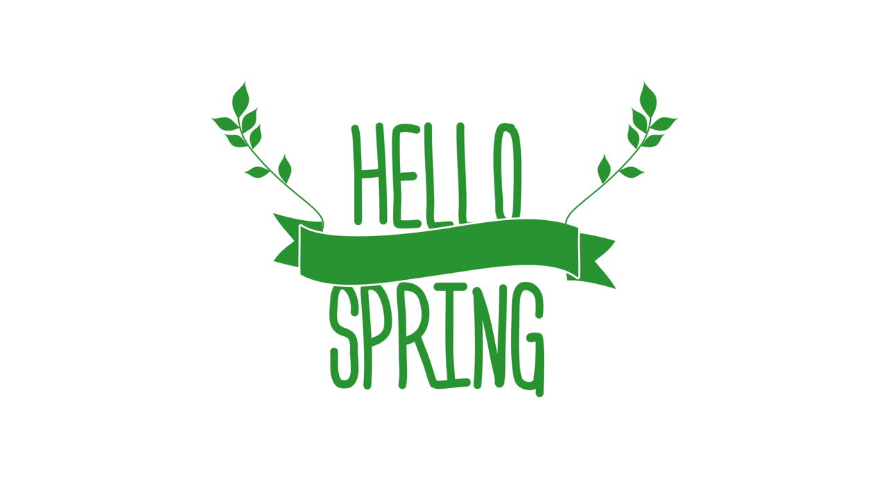 Hello Spring with green leafs and ribbon on white gradient