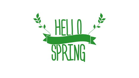 hello spring with green leafs and ribbon on white gradient