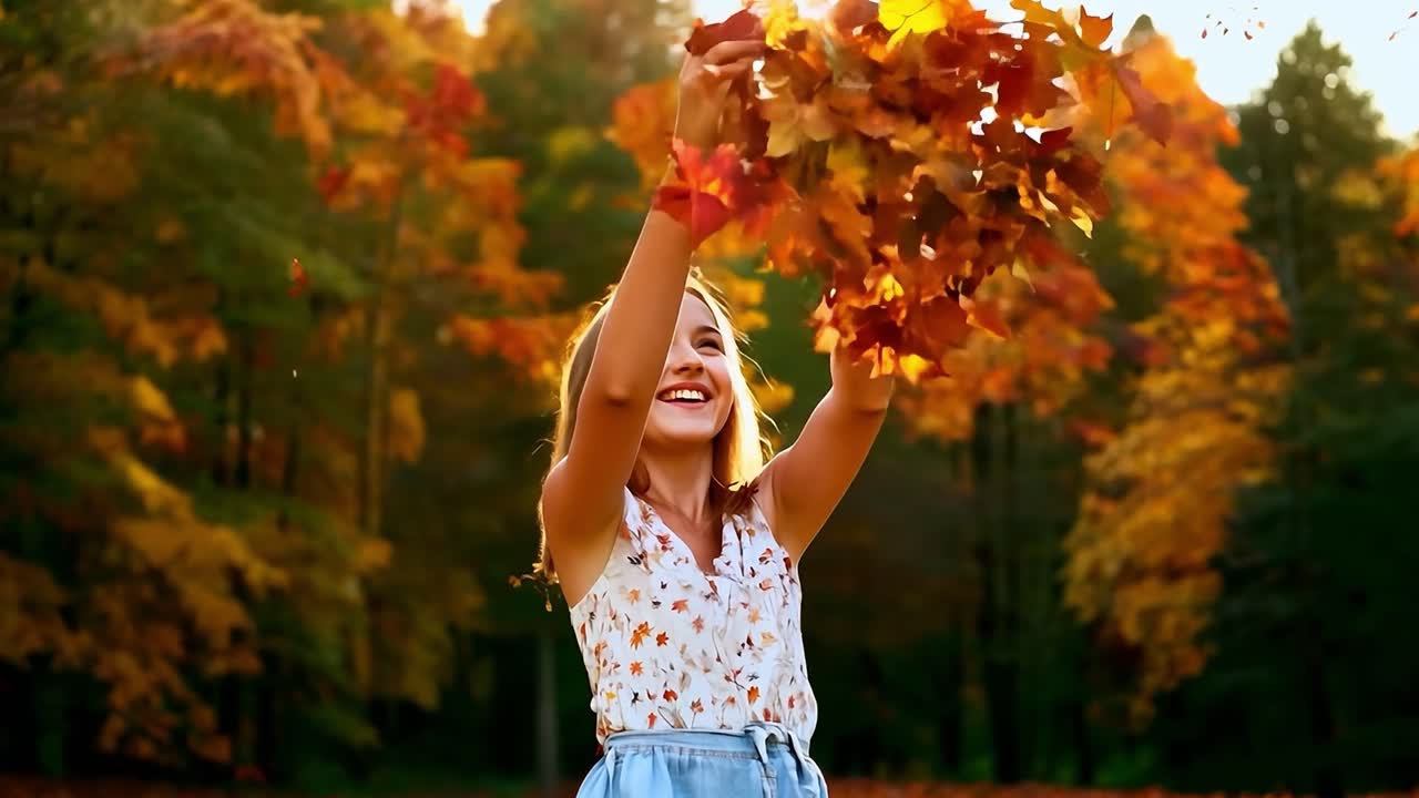 una mujer joven está riendo y lanzando hojas en el aire durante el otoño