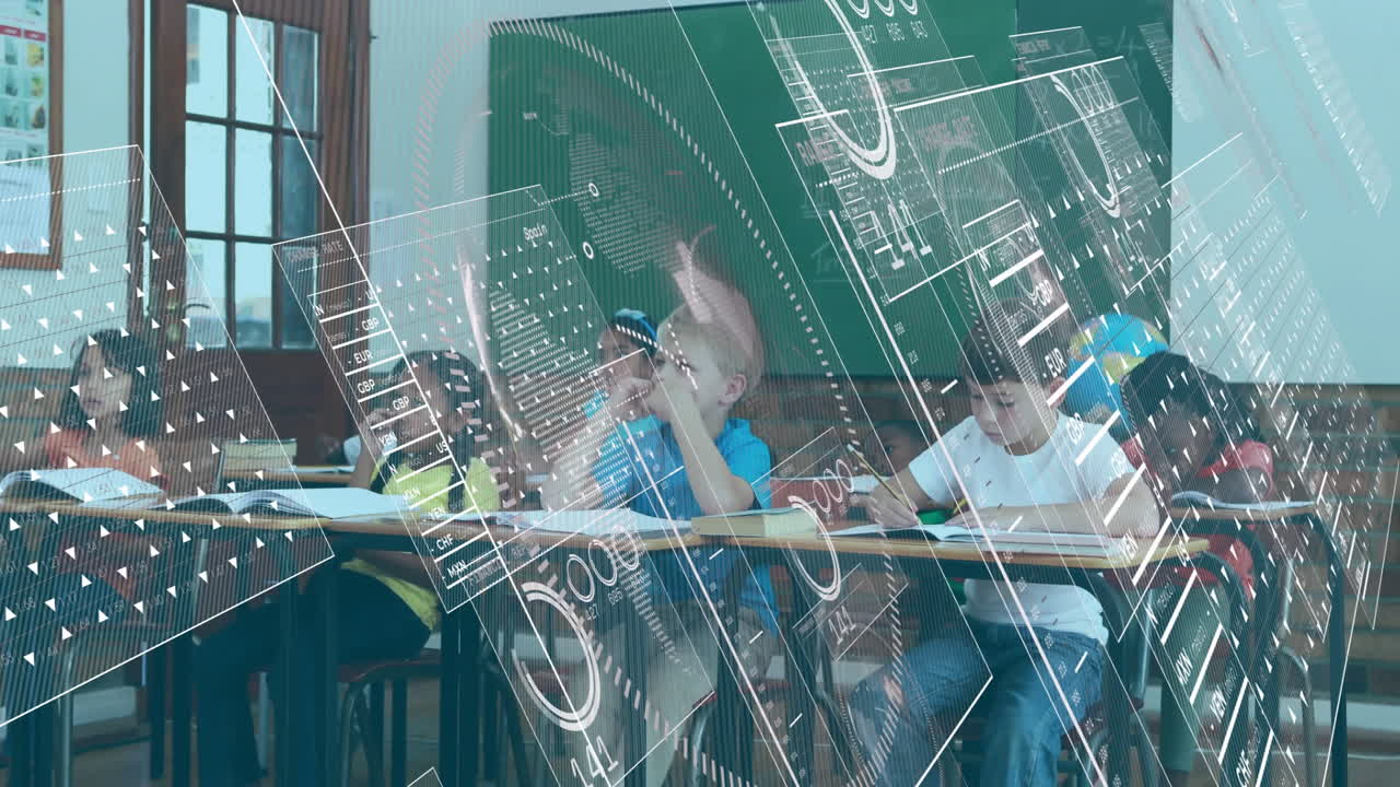 In school, children interacting with animation of futuristic digital educational interface