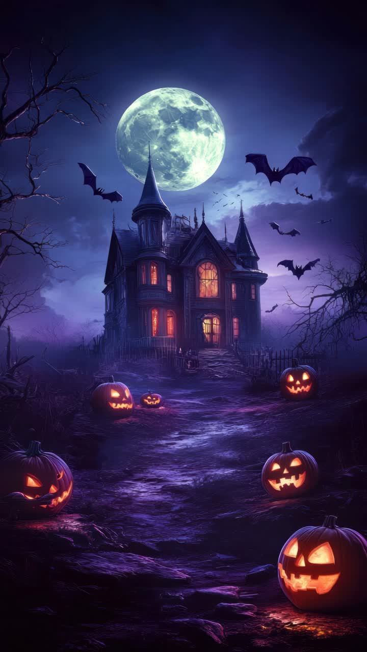 Una spettrale scena di Halloween con una veduta dal basso di una casa stregata, zucche illuminate e pipistrelli