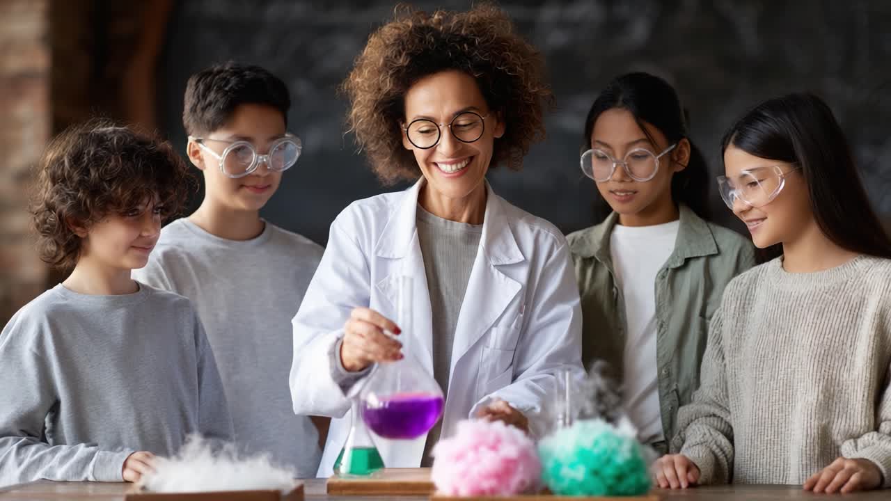 An exciting science experiment unfolds in a lively classroom as a cheerful educator demonstrates colorful chemistry reactions with enthusiastic students engaged in learning