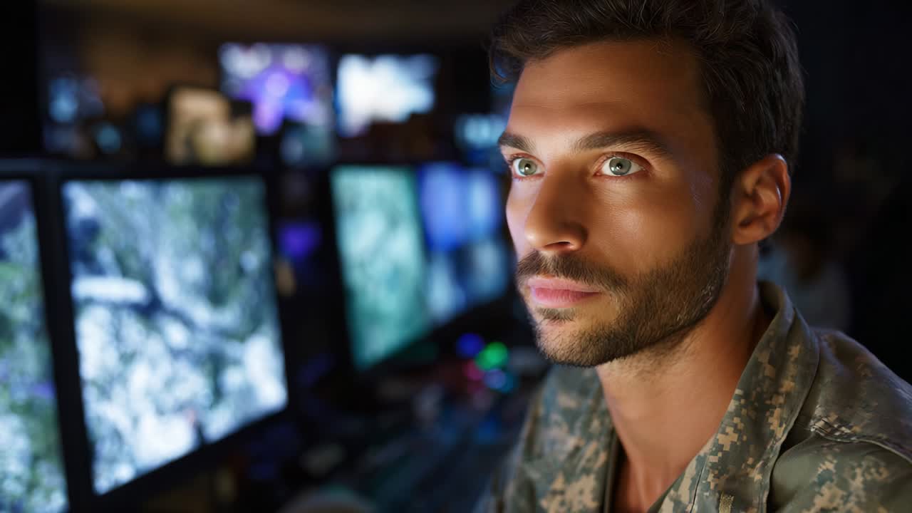 Focused Soldier Analyzing Data on Multiple Monitors in a High-Tech Military Operations Center, Demonstrating Concentration and Strategic Decision-Making Skills for Tactical Situations