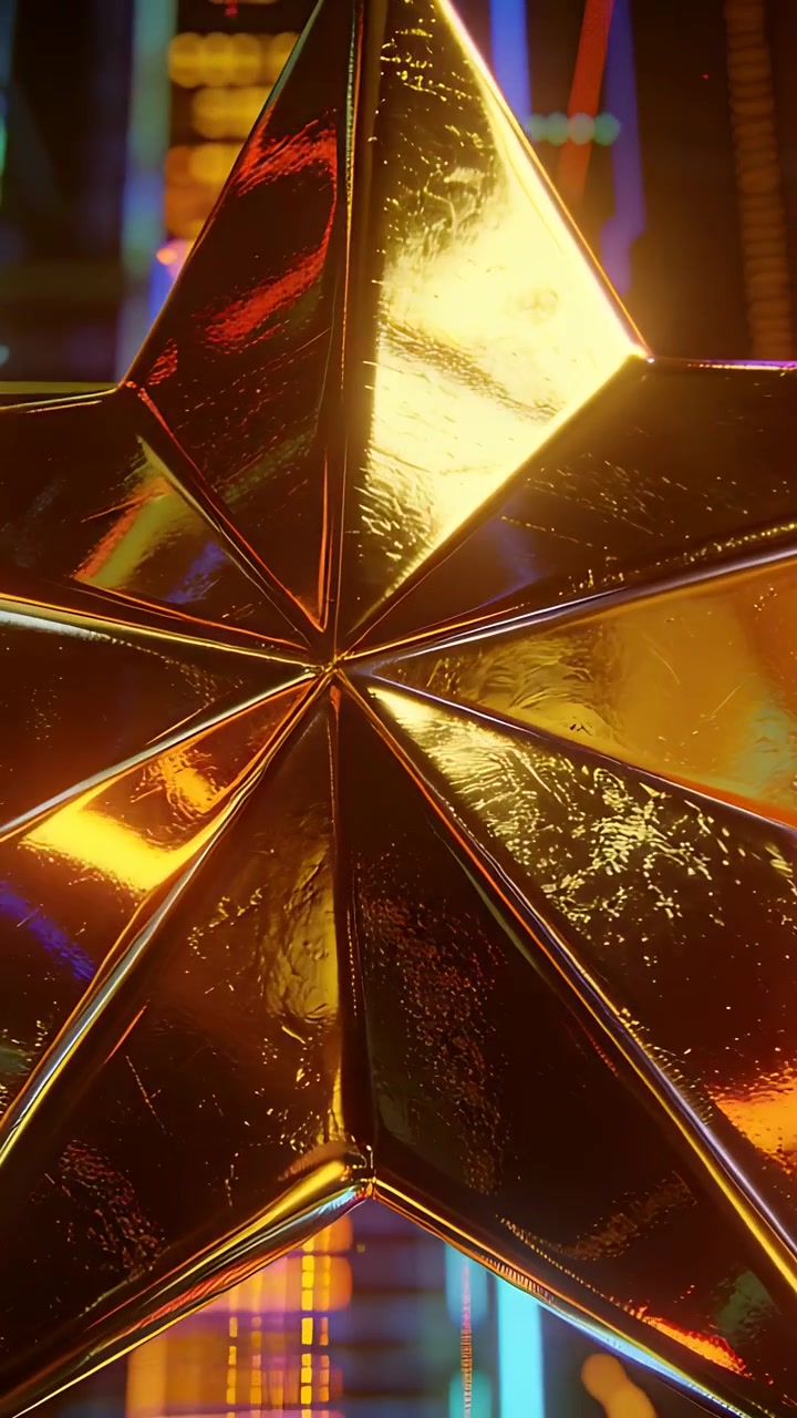 Video verticale: Stella rotante che risponde a luci pulsanti, micro-inclinandosi in studio con barre al neon.