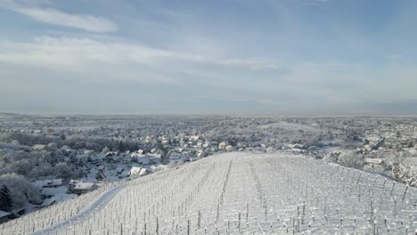 Drone-Volando-Sobre-La-Colina-Nevada-Del-Viñedo-Con-Una-Cruz-De-Pie-En-La-Parte-Superior-En-Offenburg,-Alemania