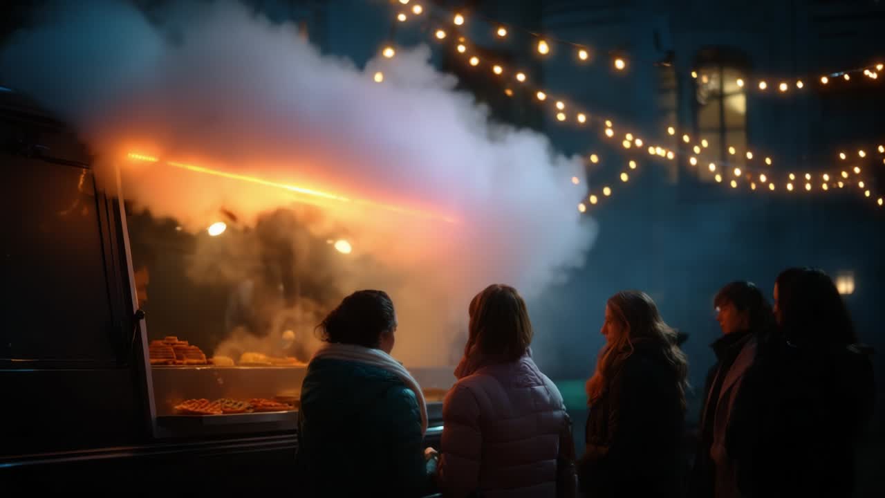 A captivating scene of a vibrant food truck bustling with eager customers under twinkling lights and swirling smoke, creating an enchanting atmosphere full of anticipation and delicious aromas