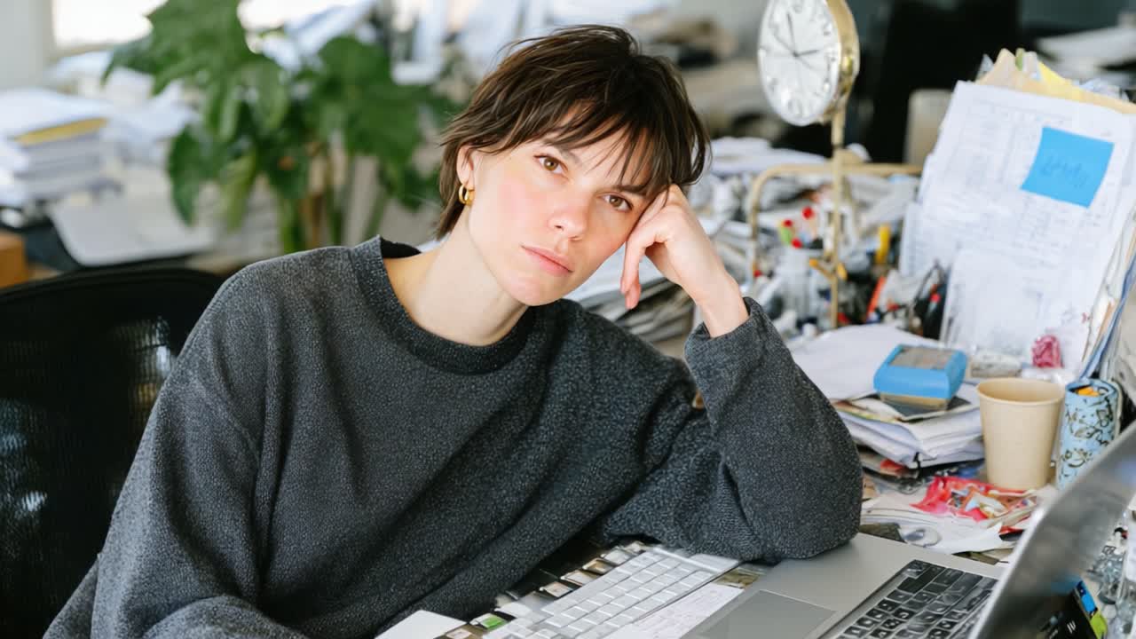 A Tired Individual Resting at a Cluttered Desk, Surrounded by Paperwork and a Computer, Reflecting the Strain of Work and Daily Responsibilities