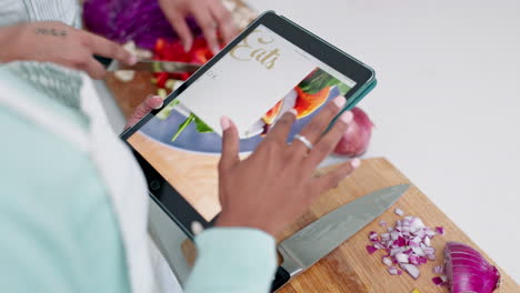 Hand,-tablet-and-scroll-on-food-website-for-online