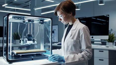 female scientist using 3d printer in modern lab