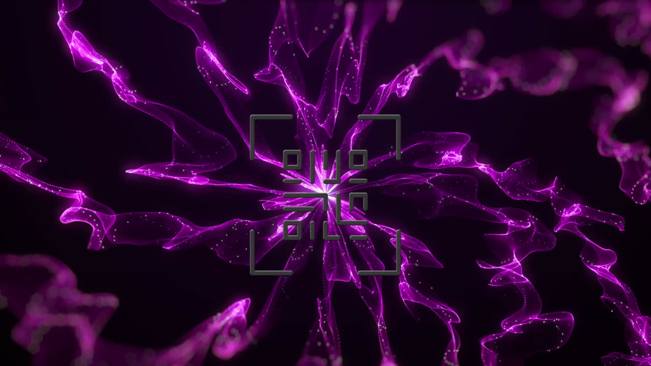 Animation of white qr code over explosion of purple light trails