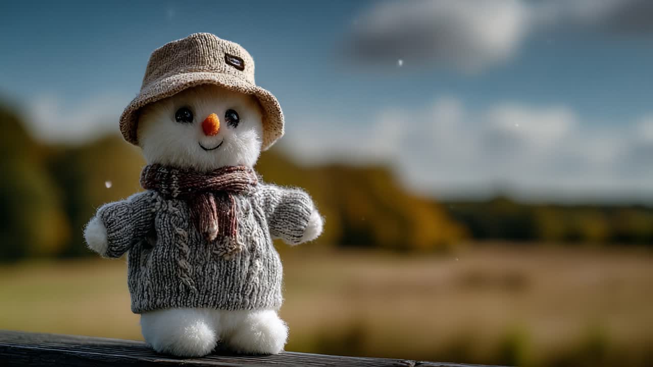 Adorable snowman figurine dressed in a cozy sweater and hat, cheerful expression displayed against a serene natural background, evoking a sense of warmth and nostalgia