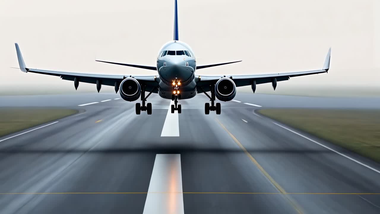 Front-facing video of an airplane landing on a runway, captured from a low angle, emphasizing motion