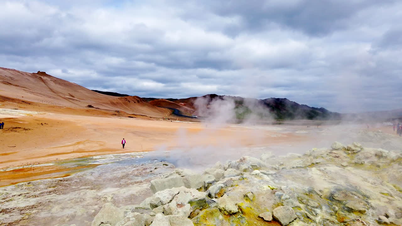 campo de fumarola de ventilación de vapor geotérmico islandés namafjall amplia estática con turistas explorando paisajes alienígenas en la distancia, 4k prorezhq