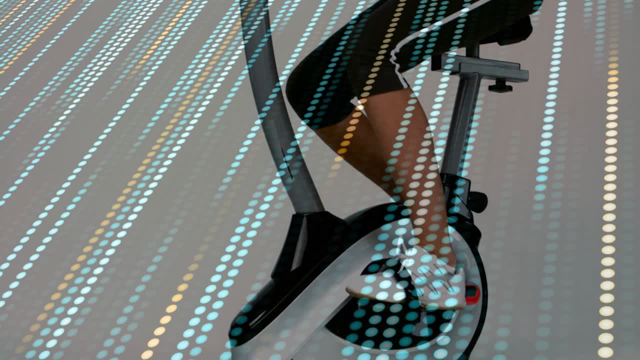 Woman pedaling bike while camera shifting revealing dot grid casting over body, checking fitness