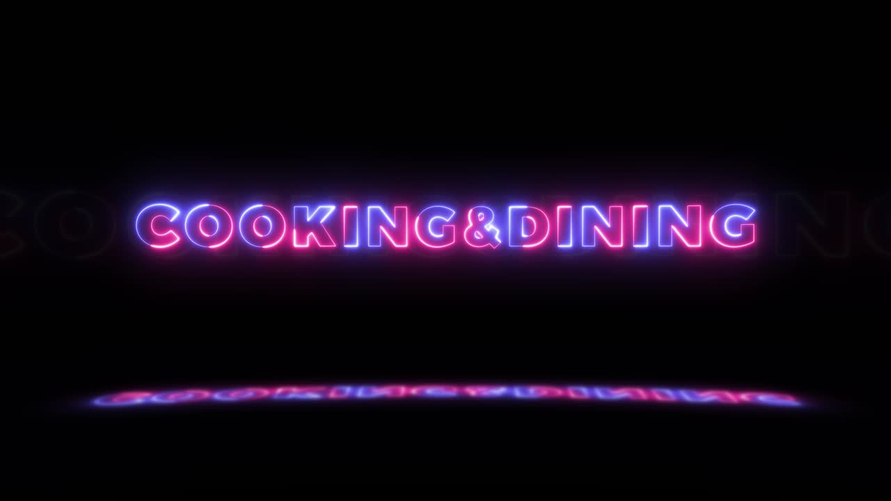 흑색 배경에 네온으로 빛나는 단어 '음식 요리 및 식사'는 바닥에 반사되어 있습니다. 시엄리스 루프 모션 그래픽으로 네온으로 밝은 표지판
