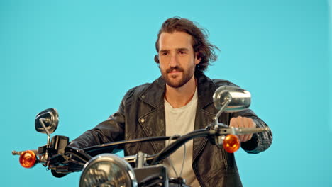 motorbike, studio and man with travel on a ride