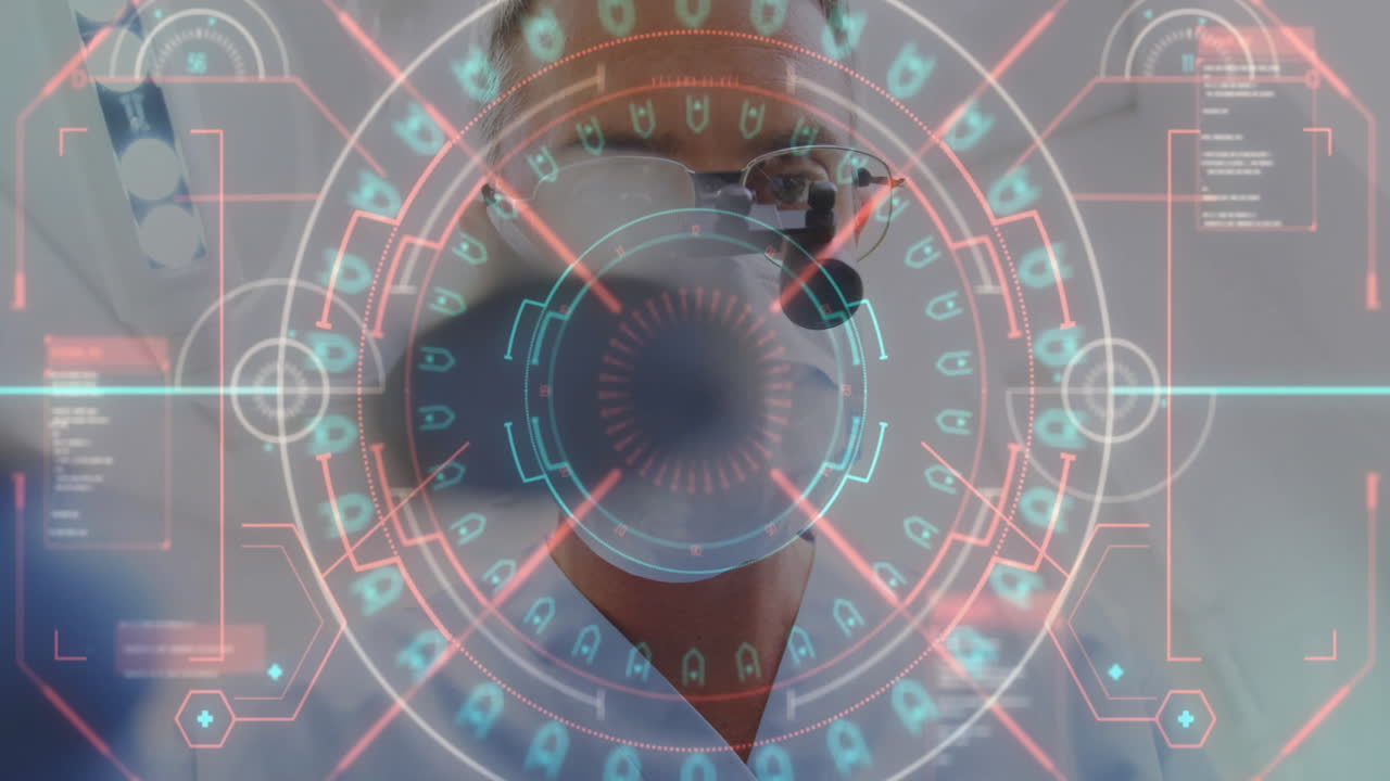 Animation of data processing with scope scanning over caucasian male dentist wearing face mask