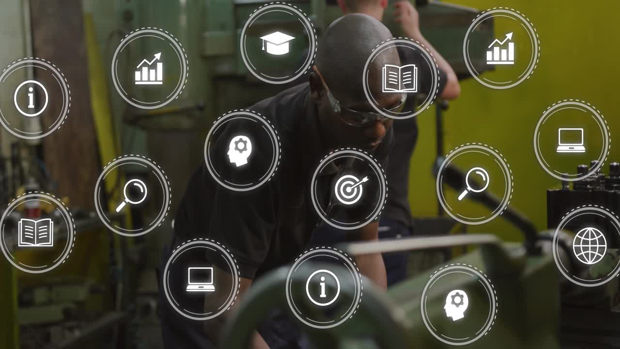 Machinist tuning lathe and checking alignment for manufacturing with analytics icons growing