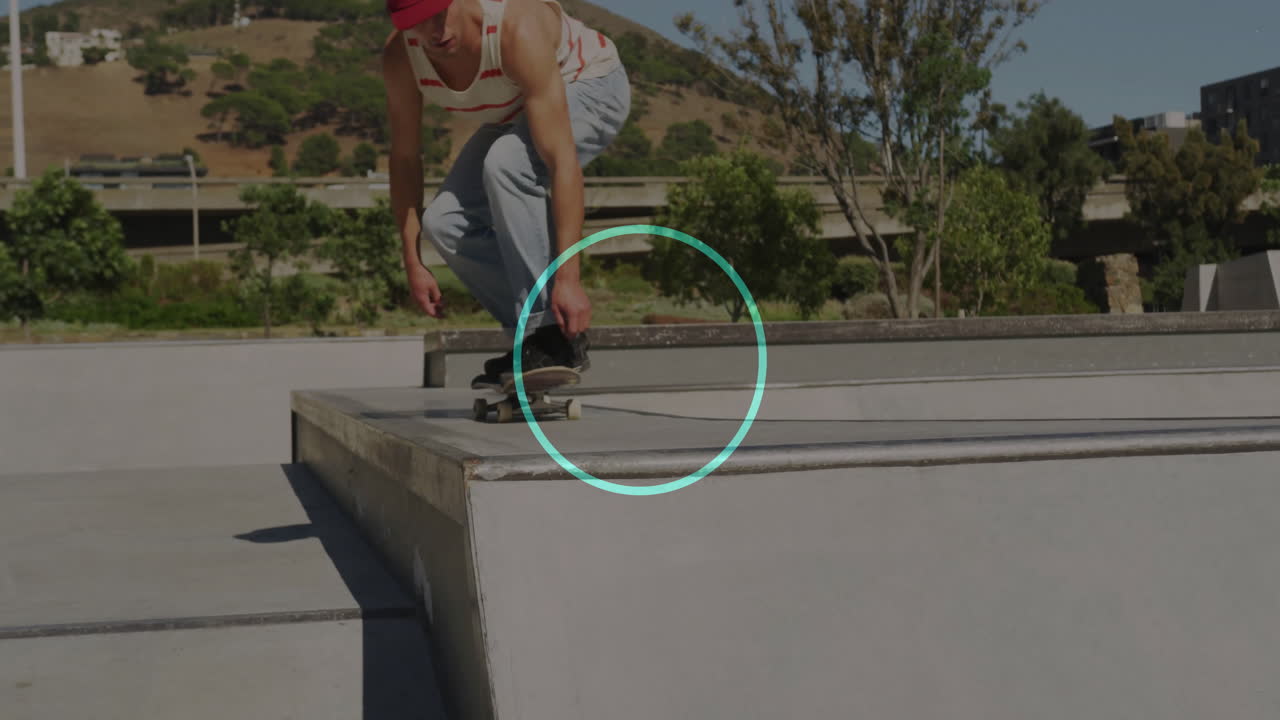 skateboarder crouching on ledge, preparing grind trick in tech scene with purple halftone patterns