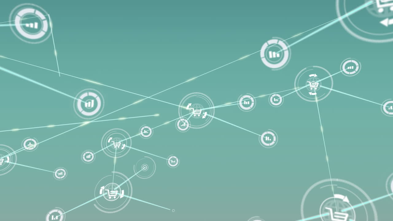 animación de gráficos y iconos de carrito de compras conectados con líneas contra fondo azul