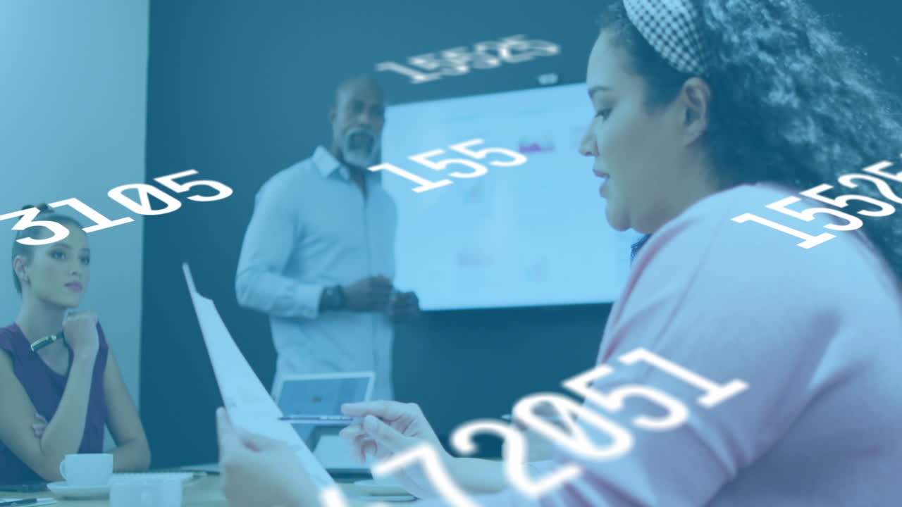 Animation of numbers processing over diverse business people
