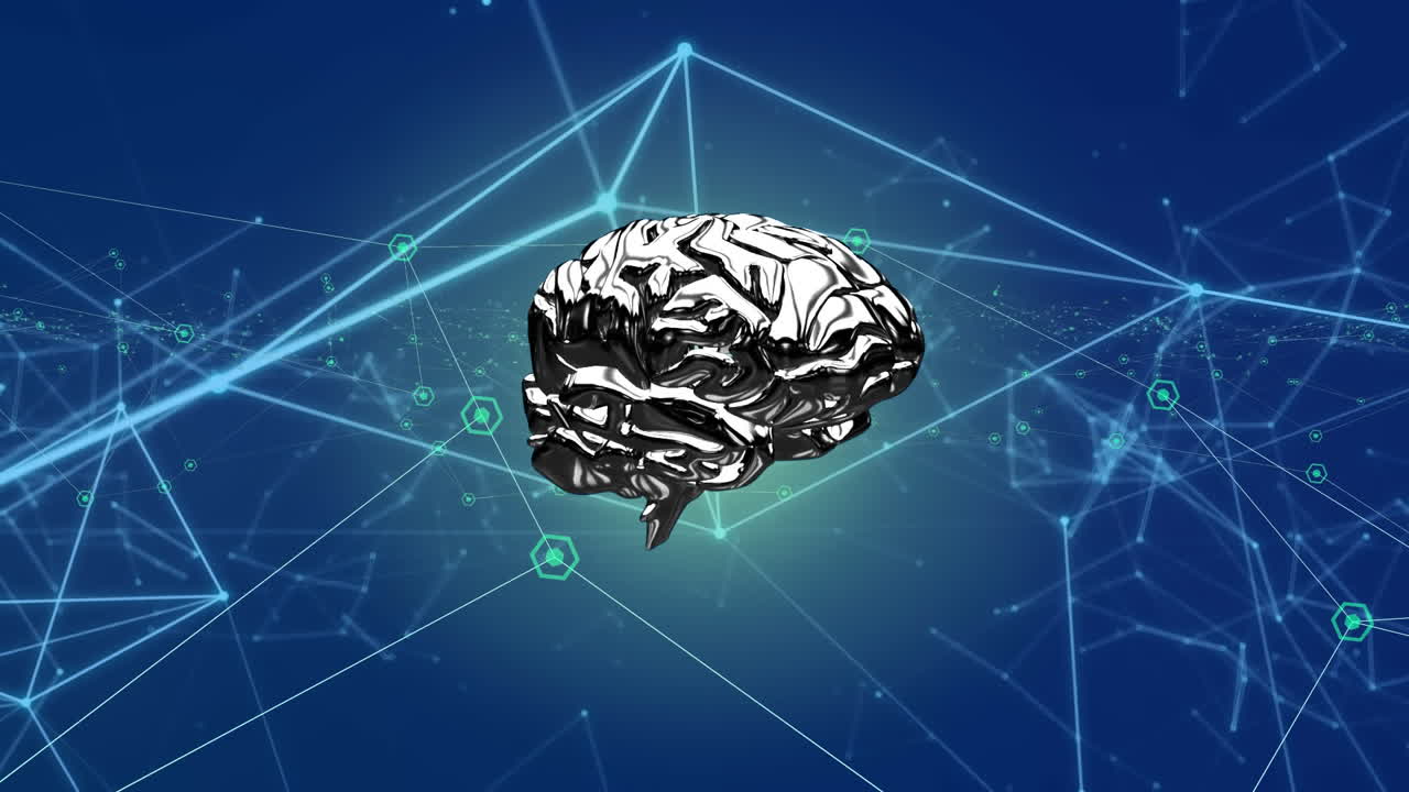 아이콘으로 연결된 네트워크를 통해 회전하는 3d 인간 뇌의 애니메이션