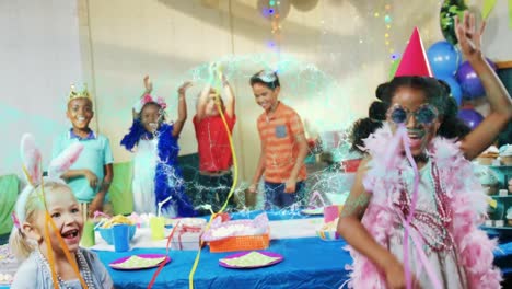 animation of digital brain over diverse children with party hats at birthday party