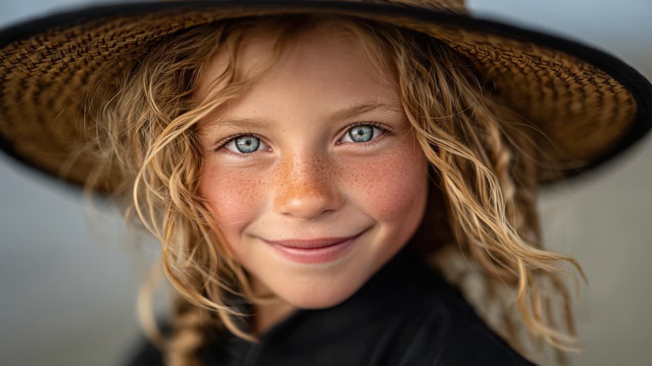 Charming Portrait of a Young Girl with Freckles and Curly Hair Wearing a Wide-Brimmed Hat, Captured in a Joyful Moment with a Warm Smile