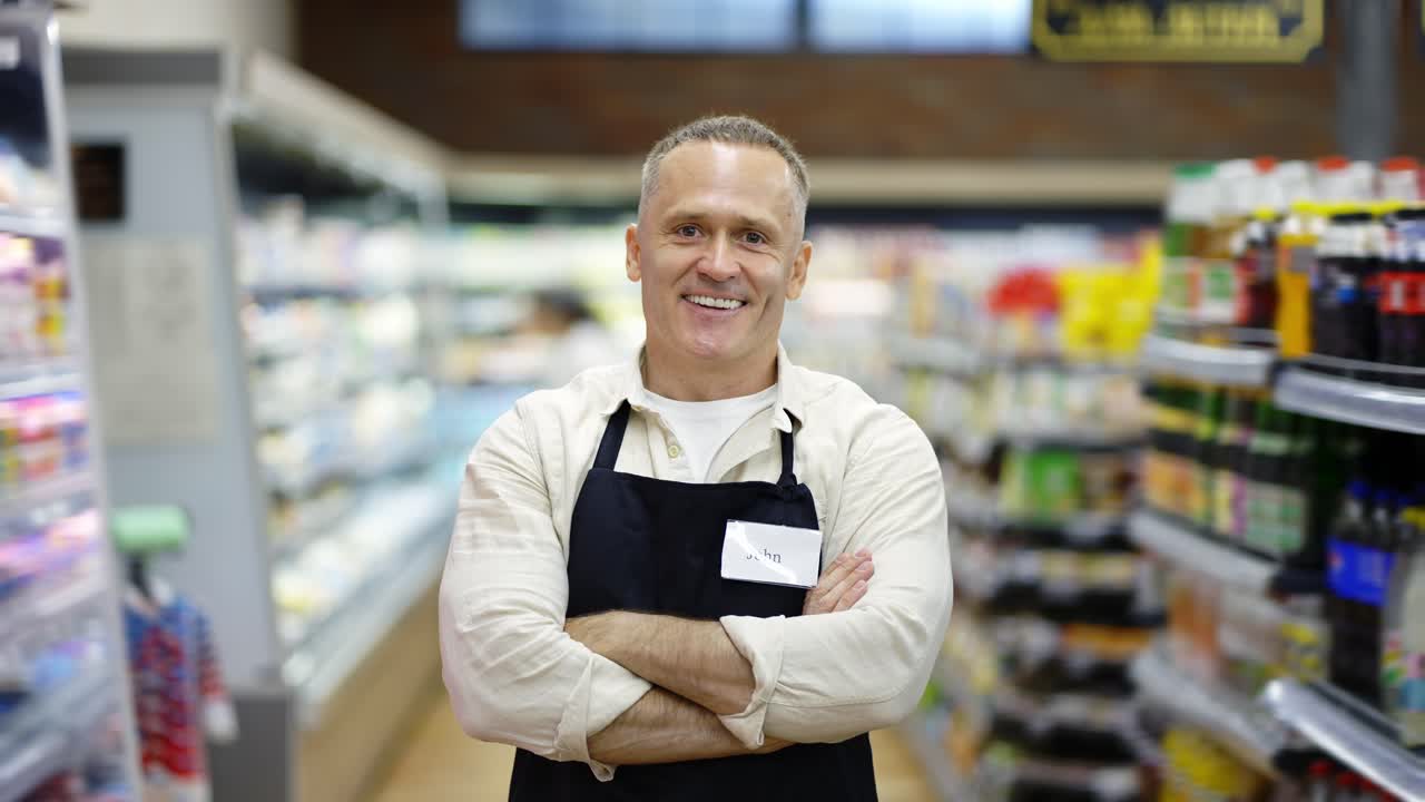 retrato de un trabajador de una tienda de mediana edad con un delantal. el hombre pone las manos en el pecho. el concepto de trabajar en una tienda de comestibles
