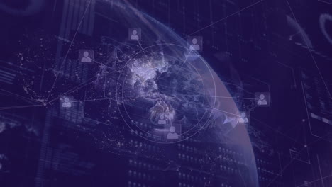 Animation of financial data processing and globe on blue background