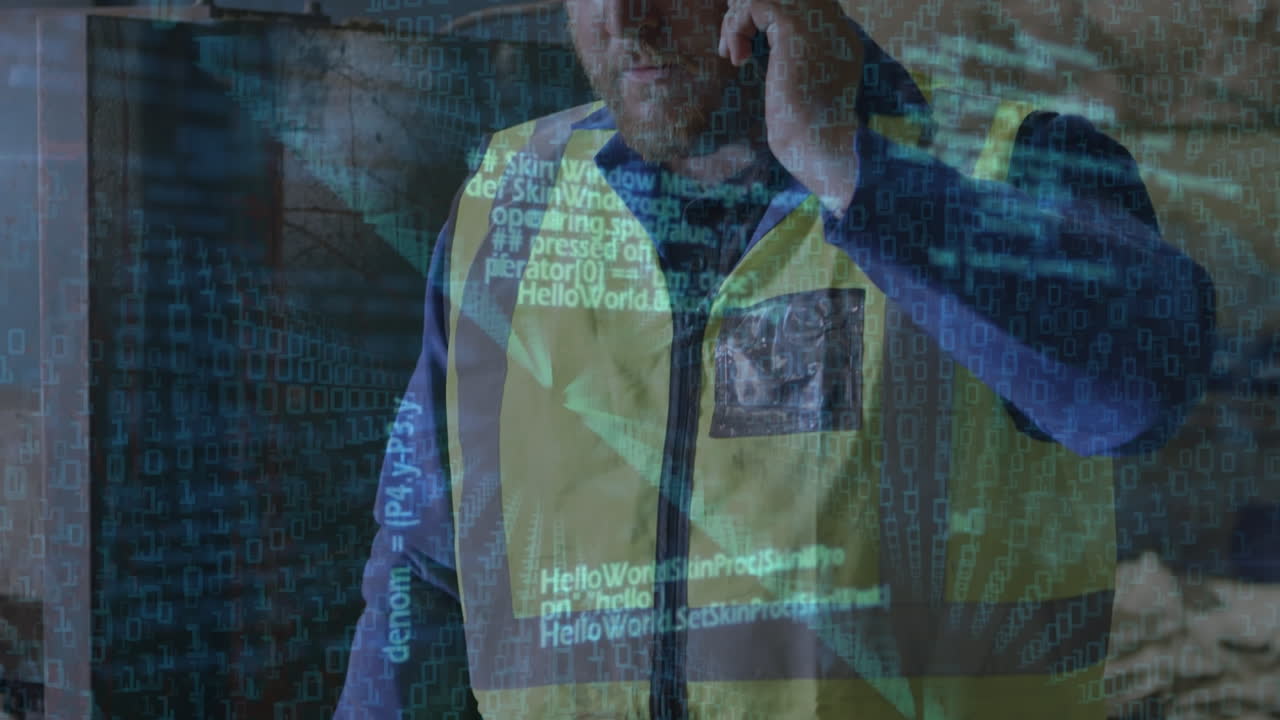 animación del procesamiento de datos sobre un trabajador caucásico usando un teléfono inteligente