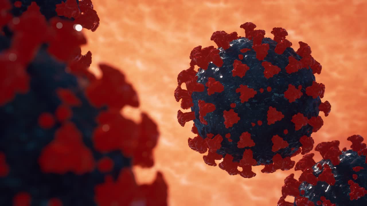 Coronavirus (COVID-19) medical animation. The virus model is realistic. Coronaviruses influenza as dangerous flu strain cases as a pandemic. Microscope virus close up. 3d rendering.
