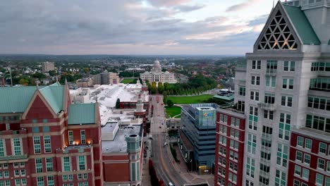 aerial push toward the state capital building in providence rhode island