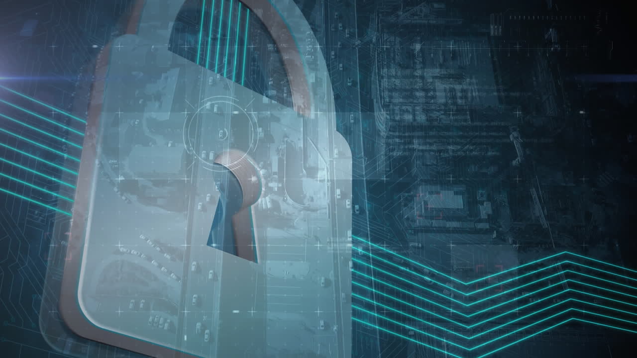 animación del candado y la interfaz con datos e informaciones azules en movimiento