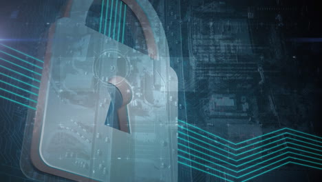 animación del candado y la interfaz con datos e informaciones azules en movimiento