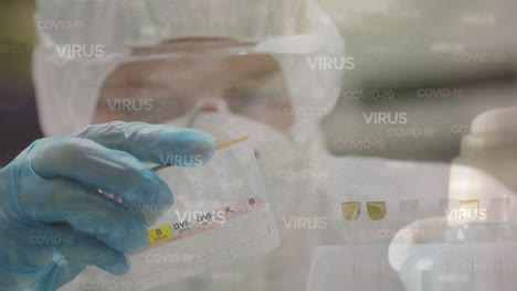 animation of virus and covid texts over caucaisian male lab worker with samples