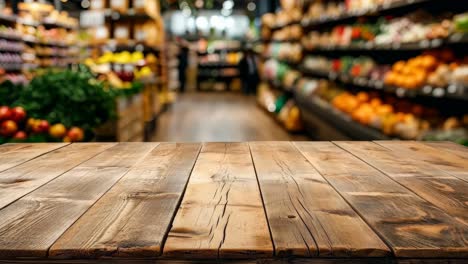 a wooden table in front of a grocery store filled with fruits and vegetables