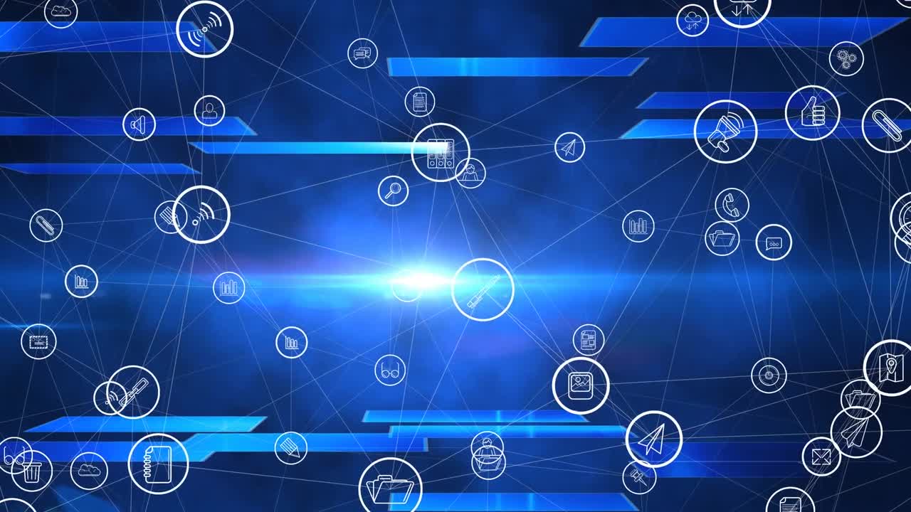 animación de la red de conexiones con diversos iconos sobre fondo azul