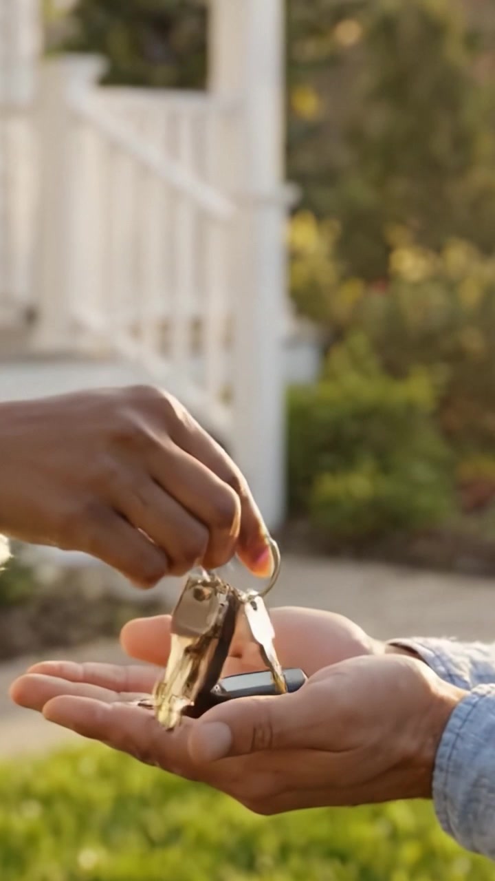 Un primo piano di una mano che tiene le chiavi dell'auto, a simboleggiare un momento significativo di transizione, fiducia o trasferimento, catturando l'essenza della connessione e del movimento nella vita quotidiana.
