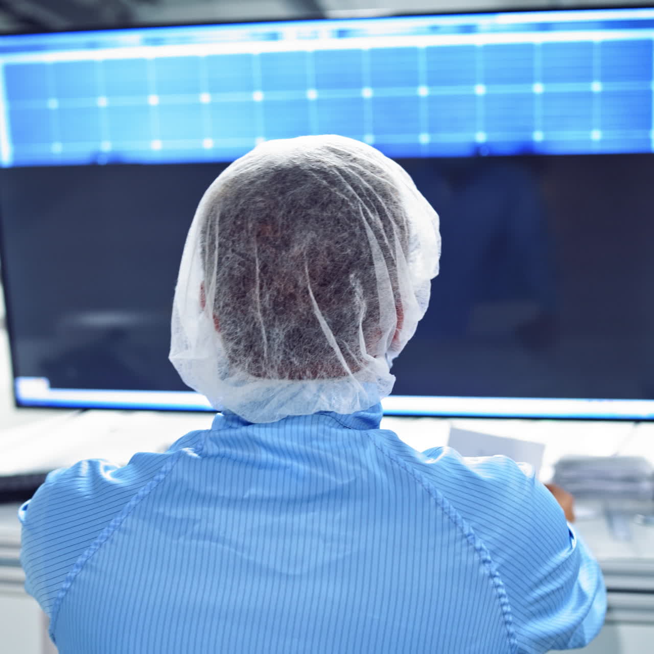 Man working with computer at a modern factory. Worker in special uniform with mask looking at screen of a monitor on industrial plant.