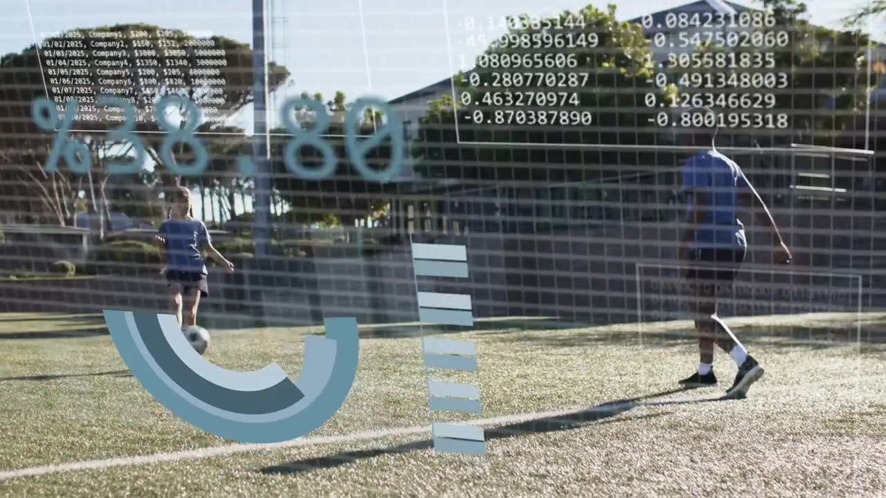 Male player rolling ball and sparking sports analytics pie, female moving to get tracking metrics