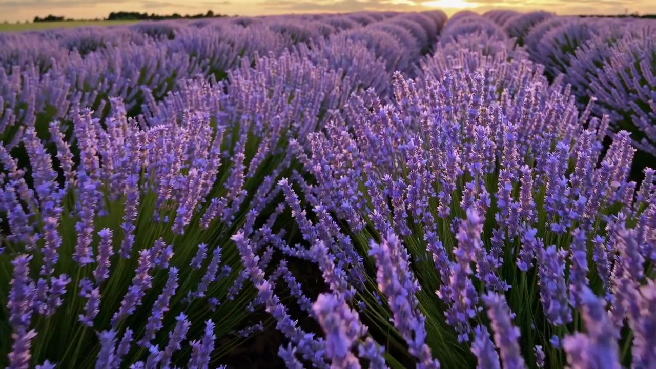 Un vivace campo di lavanda al tramonto