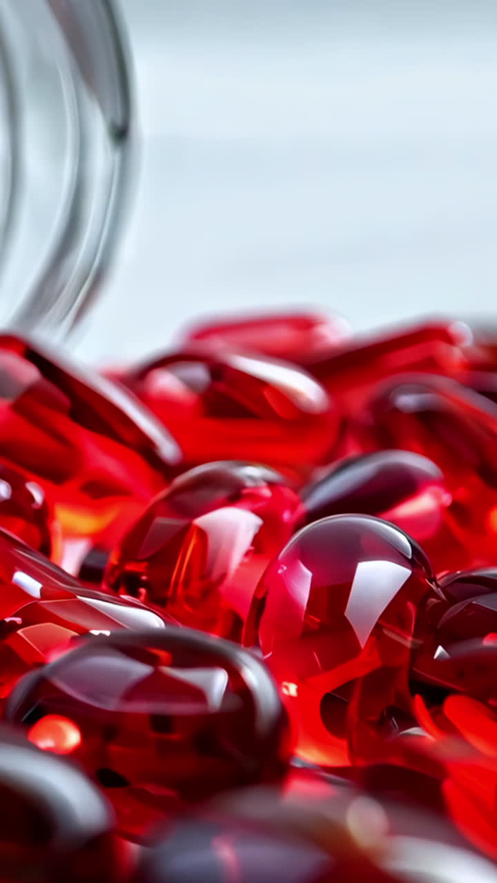 A bottle of red pills is on a white surface. The pills are scattered around the bottle, creating a sense of abundance and abundance