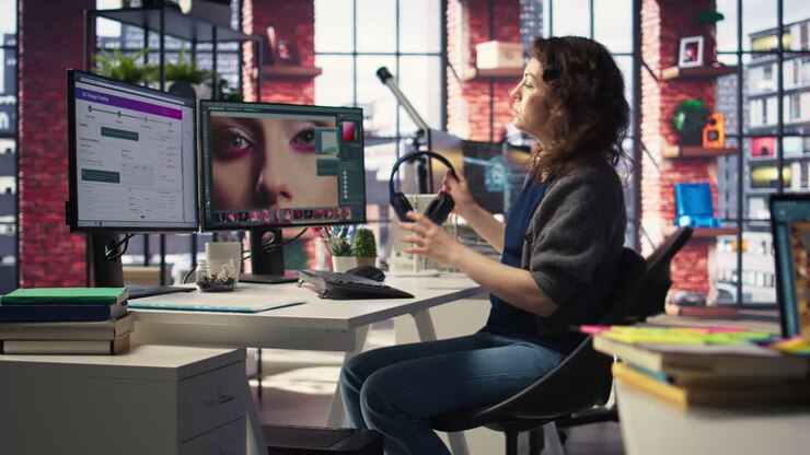 Editor creativo utilizza software di design e strumenti di fotografia per sviluppare contenuti