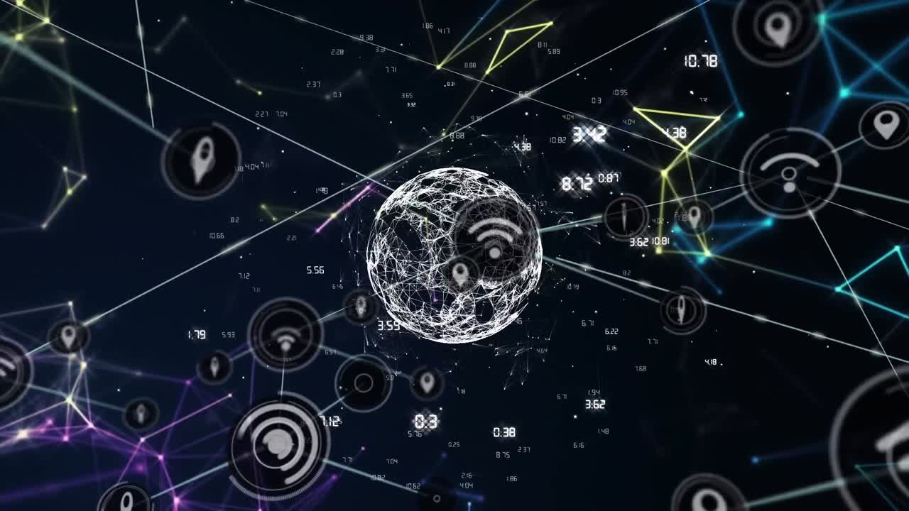 animación de iconos conectados por líneas, globos, formas geométricas y números sobre un fondo abstracto