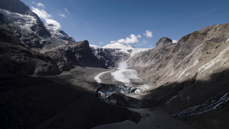 Drone-shot-revealing-Austrian-Alps-longest-and-fastest-melting-glacier-Pasterze-at-the-foot-of-the-Grossglockner-Mountain-due-to-global-warming